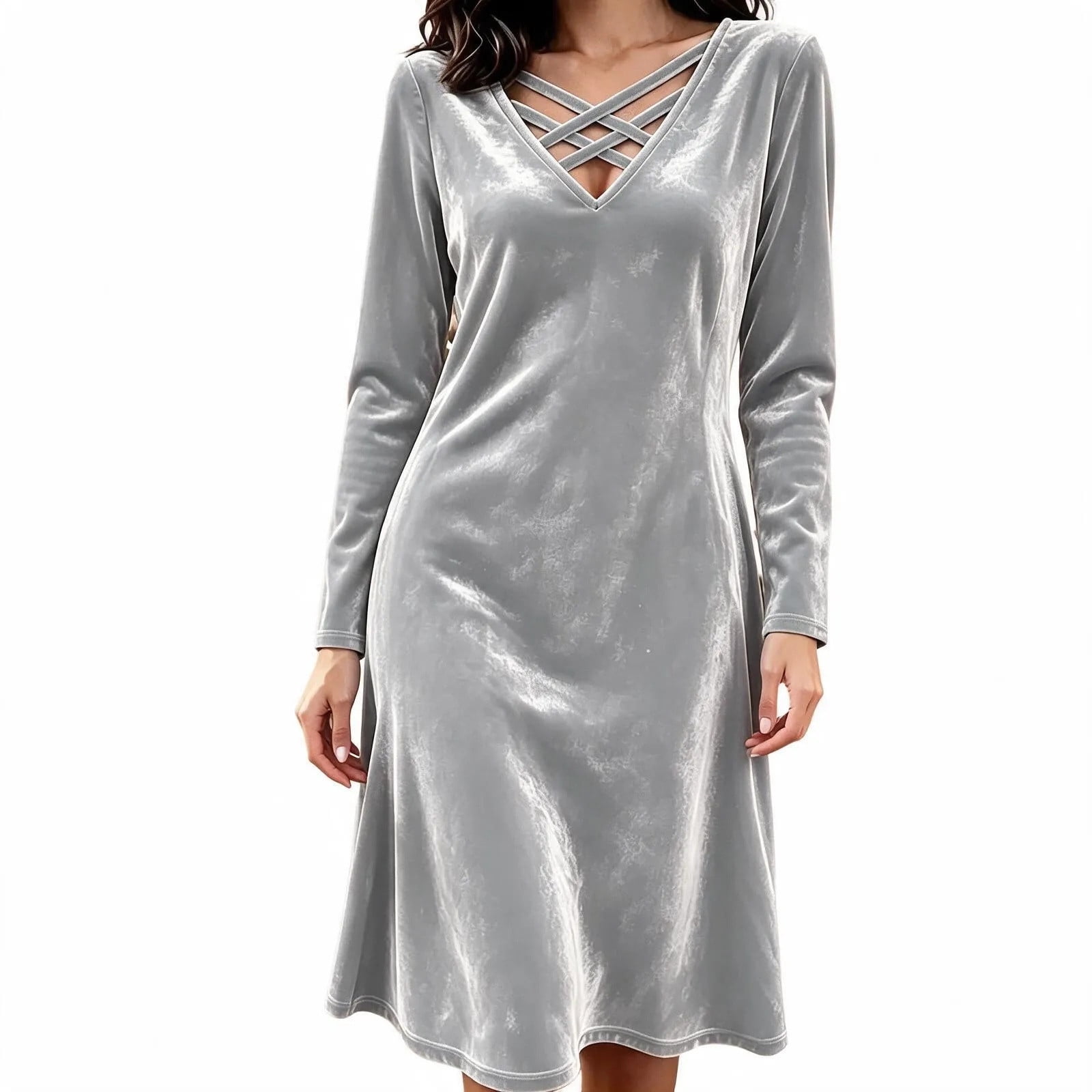 Squevariel Women's Solid Color Dress Velvet V Neck Midi Dress Long ...