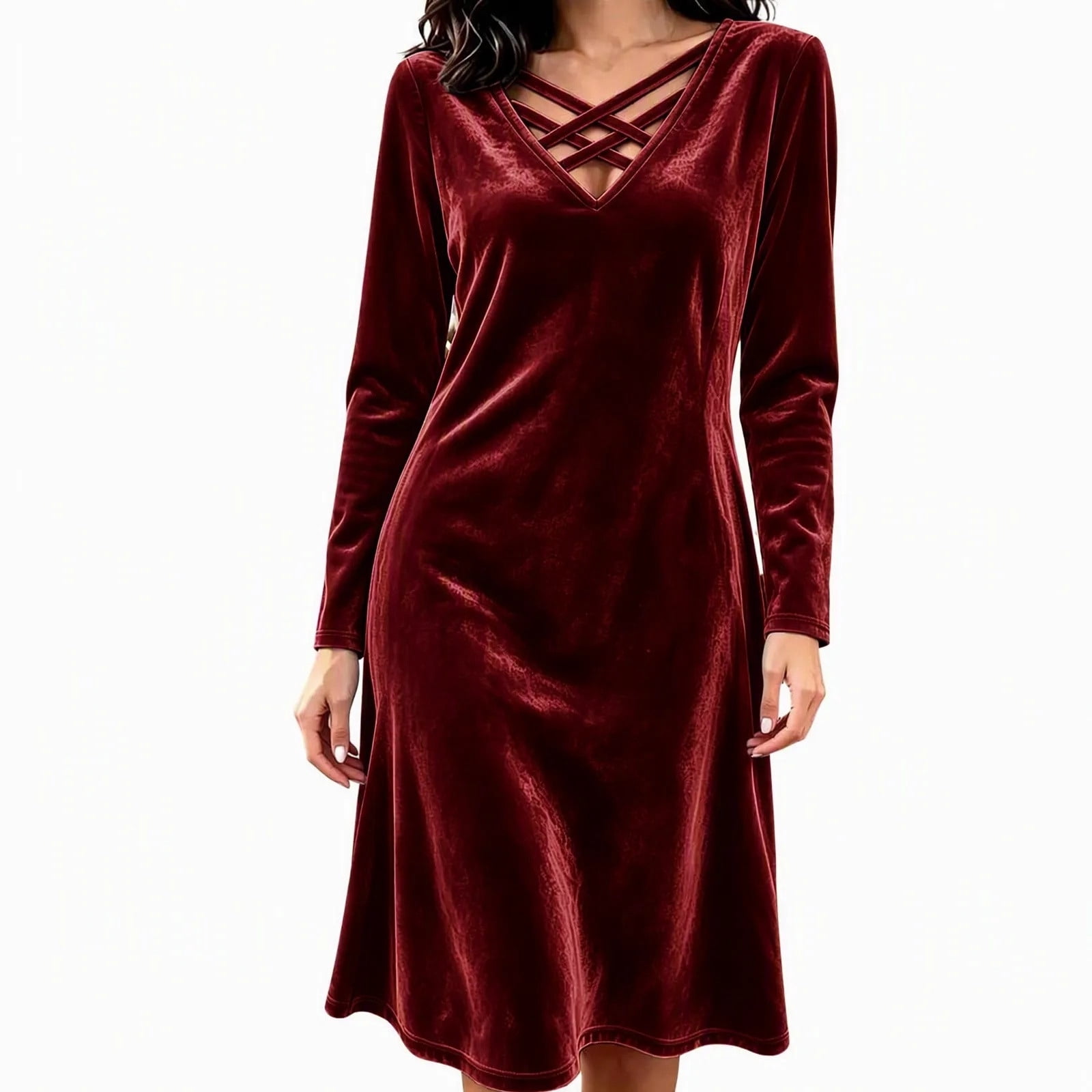 Squevariel Women's Solid Color Dress Velvet V Neck Midi Dress Long ...