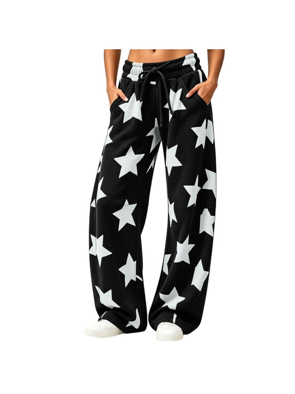 Women's Star Print Pants High Waisted Wide Leg Casual Loose Fit Trousers with Pockets Drawstring Elastic Waist Pants for Women