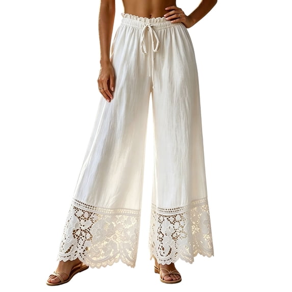 Squevariel Womens Cotton Linen Pants Lace Comfy Wide Leg Trousers Solid Color Loose Drawstring Elastic Waist Pants