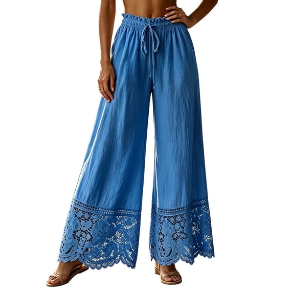Squevariel Womens Cotton Linen Pants Lace Comfy Wide Leg Trousers Solid Color Loose Drawstring Elastic Waist Pants