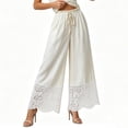 thumbnail image 1 of Squevariel Womens Cotton Linen Pants Lace Comfy Wide Leg Trousers Solid Color Loose Drawstring Elastic Waist Pants, 1 of 5