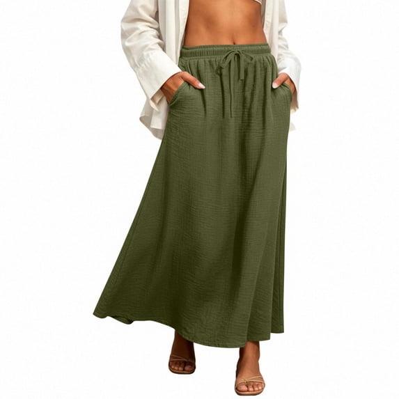Squevariel Womens Maxi Skirt Linen Casual Skirt Elastic Waist Drawstring With Pockets Ladies A-Line Long Skirts