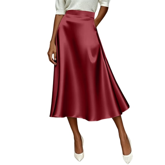 Squevariel Womens Satin Silk Midi Skirt Casual High Waist Skirts Fashion Soft Solid Color Long Skirt