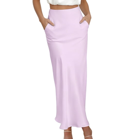 Squevariel Womens Satin Silk Skirt Elastic High Waist Ankle Length Skirts Fashion Flowy Solid Color Long Skirt