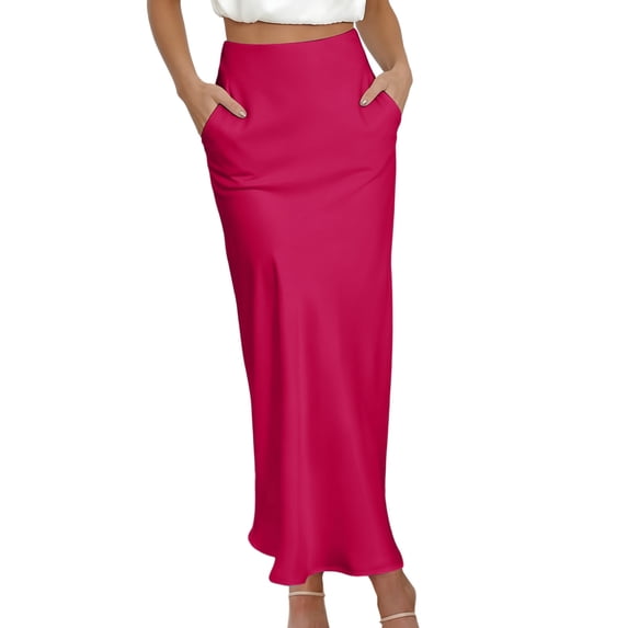 Squevariel Womens Satin Silk Skirt Elastic High Waist Ankle Length Skirts Fashion Flowy Solid Color Long Skirt