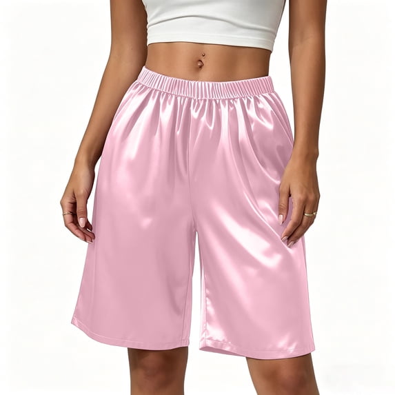 Squevariel Womens Silk Satin Pajama Shorts Solid Color Sleep Shorts Comfortable Summer Lounge Pajama Shorts