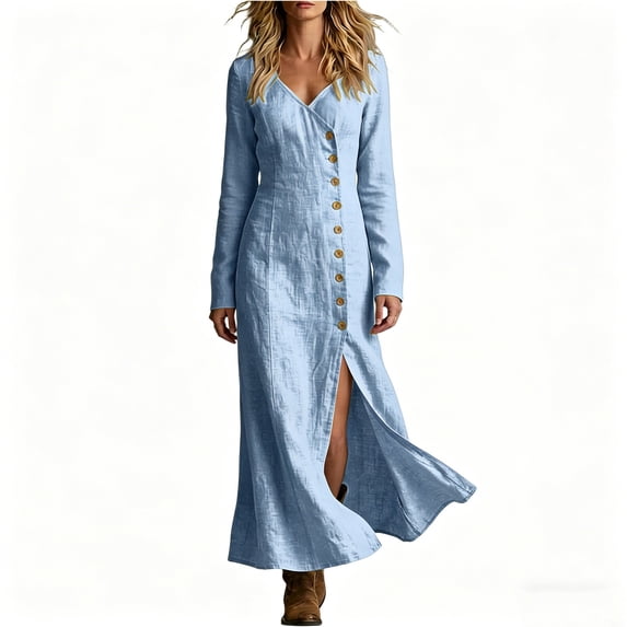 Squevariel Womens Solid Color Dresses V-Neck Long Sleeve Button Maxi Dress Casual Flowy Dresses