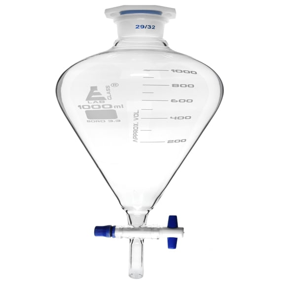 Squibb Separating Funnel, 1000ml - 29/32 Plastic Stopper, PTFE Key Stopcock, Graduated - Borosilicate Glass - Eisco Labs