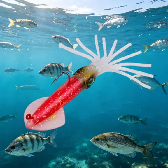 Squid Fishing Lure Realistic 3D Eye Soft Squid Bait Glow In Dark Squid Lure With Hook For Freshwater Saltwater Fishing(Red-13.5Cm)