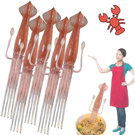 Squid Fork, Cute Squid Shaped Pasta Fork 2025, Heat Resistant Silicone Cooking Utensil for Ramen, Pasta & Noodles, Fun Kitchen Gadget for Home (5)