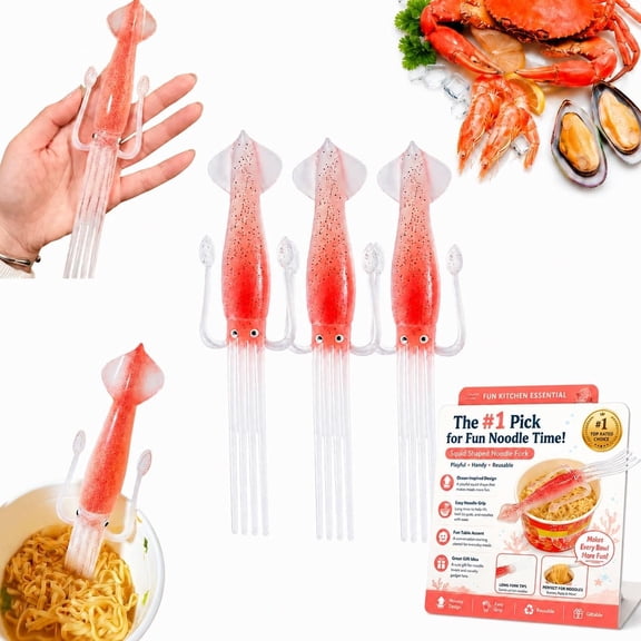Squid Fork Japanese Cuisine - Octopus Shaped Instant Noodle Fork, Creative Seafood Pasta Utensil, Novelty Ocean-Themed Gadget for Ramen, Spaghetti (3 Piece) P