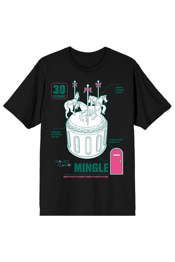 Squid Game Carousel, Pink door, 30 Sec text on Black Short Sleeve Adult T-Shirt-3XL