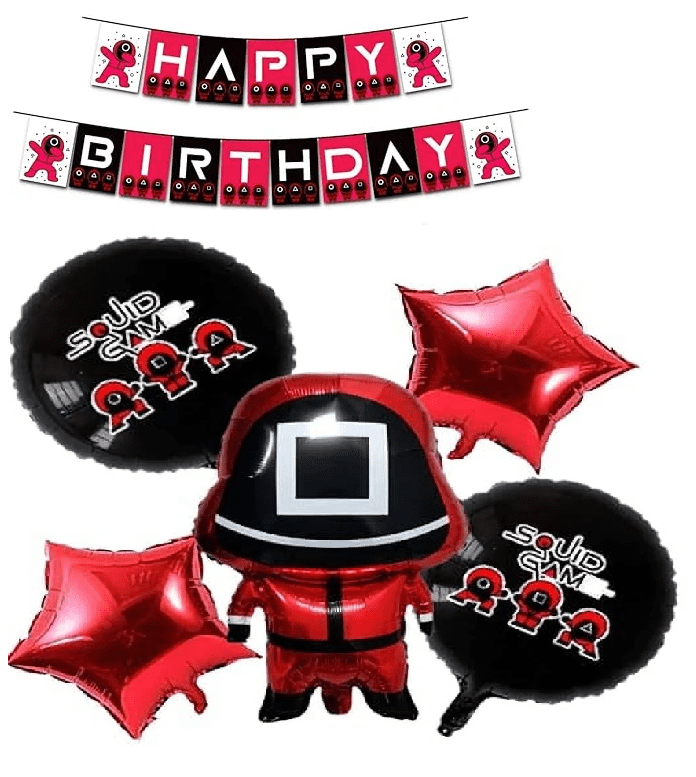Squid Games Theme Foil Balloon 5 pc + Birthday Party Cardstock Banner Decorations : Combo Pack