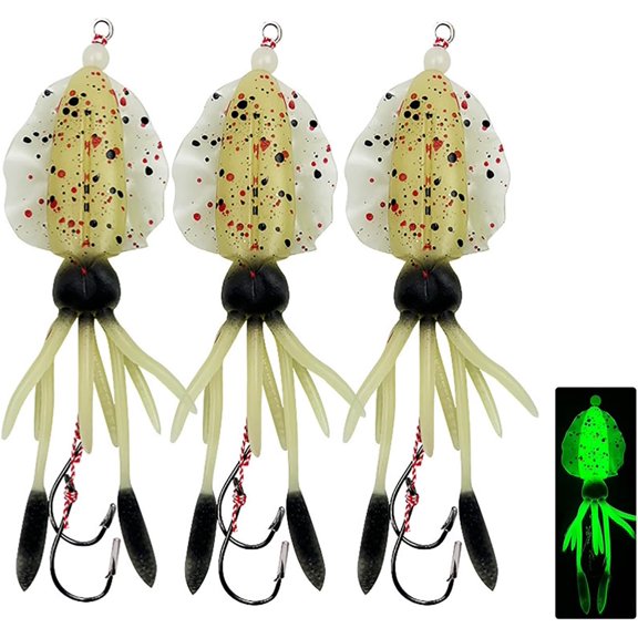 Squid Jigs Hooks Luminous Fishing Lure Octopus Trolling Artificial Rigged Bait - Soft Rubber Material, Assist Hooks, Squid Lure