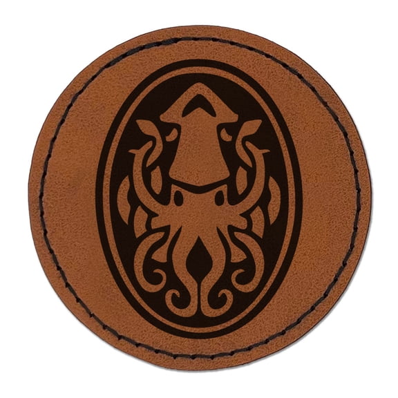 Squid Kraken Emblem Sea Creature Oval Round Iron-On Engraved Faux Leather Patch Applique - 2.5 Inch - Brown