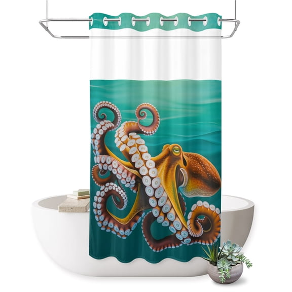 Squid Marine Life No Hook Shower Curtain Teal Green Ocean Seawater Shower Curtain with See Through Top Window, Waterproof Washable Fabric Curtain for Bathroom Hotel Decor, 36Wx72L