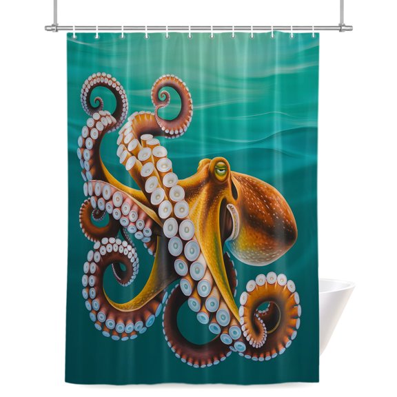 Squid Marine Life Shower Curtain, Teal Green Ocean Seawater Waterproof Shower Curtain Set with 12 Hooks Lightweight Bath Curtains Fabric Bathroom Decor 36x72 Inches