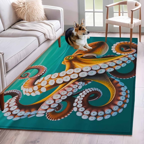 Squid Marine Life Washable Area Rugs 4'x6', Teal Green Ocean Seawater Low Pile Throw Living Room Rug Non-Slip Sturdy Edge Binding Carpet for Indoor Entryway Bedside Kitchen