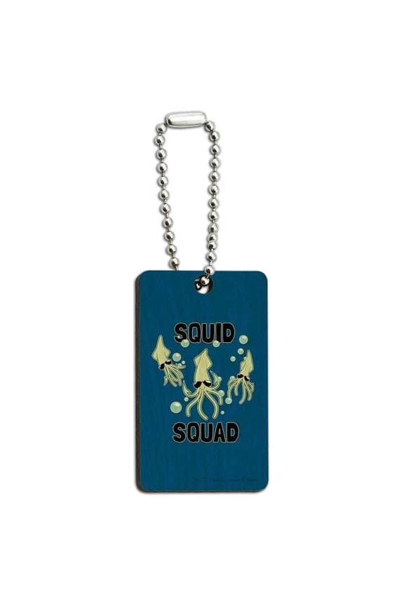 Squid Squad Ocean Aquatic Funny Humor Wood Wooden Rectangle Keychain Key Ring