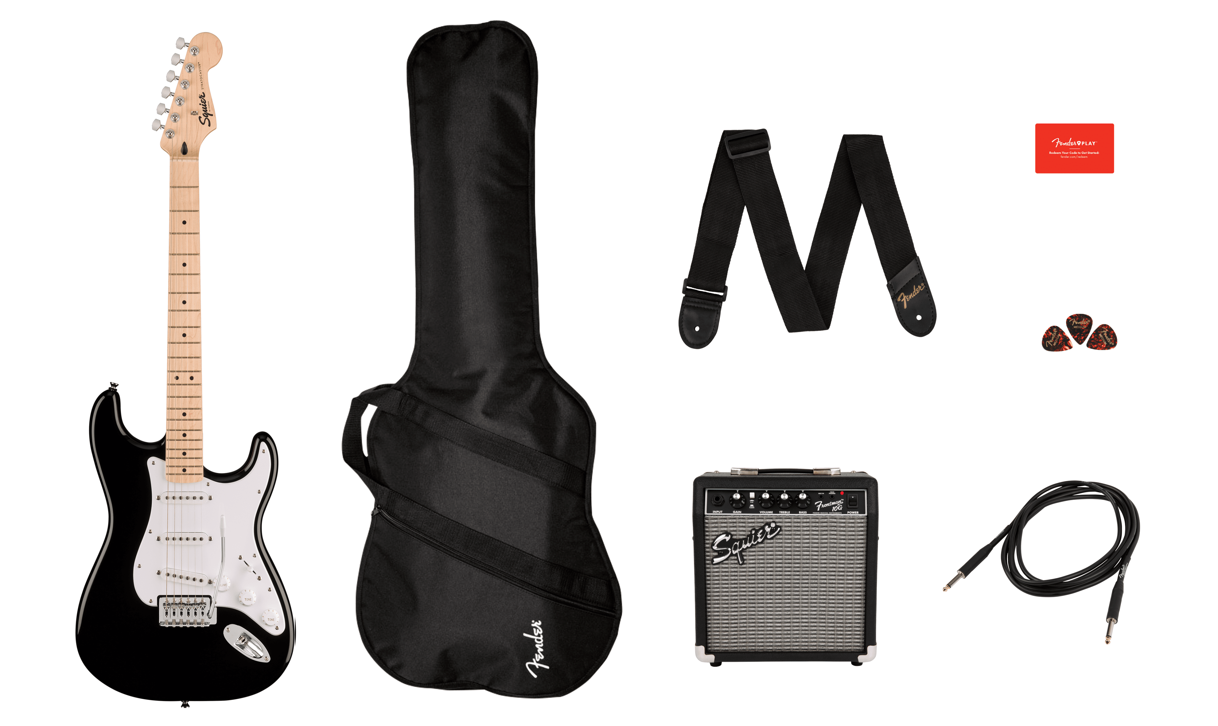 Squier Sonic Stratocaster Electric Guitar Pack, Black, Maple Fingerboard, with Gig Bag, 10G Amp, and Accessories