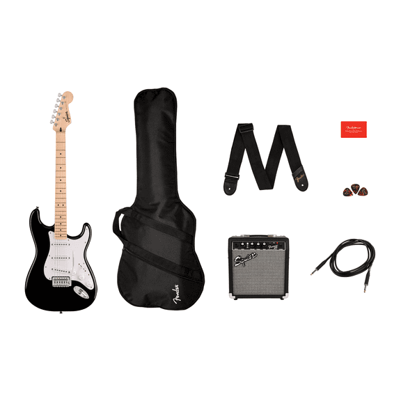 Squier Sonic Stratocaster Electric Guitar Pack, Black, Maple Fingerboard, with Gig Bag, 10G Amp, and Accessories