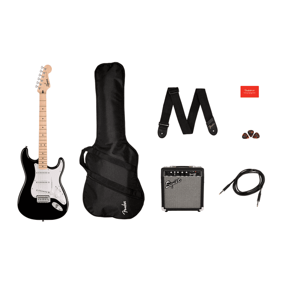 Squier Sonic Stratocaster Electric Guitar Pack, Black, Maple Fingerboard, with Gig Bag, 10G Amp, and Accessories