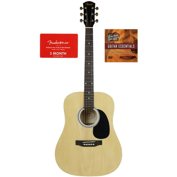 Squier by Fender SA-150 Dreadnought Acoustic Guitar - Natural Bundle with Fender Play and Austin Bazaar Instructional DVD