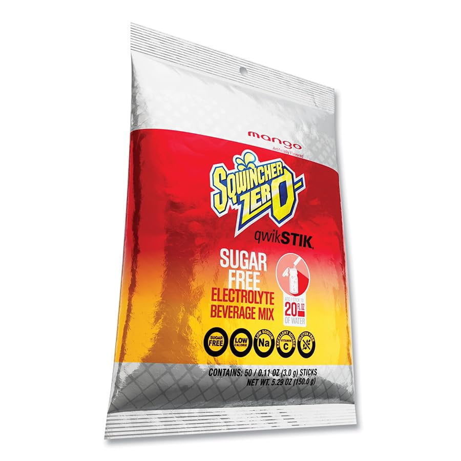 Squincher Zero Electrolyte Powder Packets Qwik Stik  Sugar Free Drink Mix, Mango, 0.11 oz, Makes 20 oz, 50 Sticks per Pack