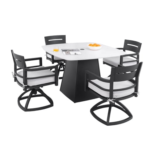 5pcs set : Squircle Dining Table 4pcs Swivel Rockers with Sunbrella Cushions Flared Pyramid Aluminum Base,Ember Black