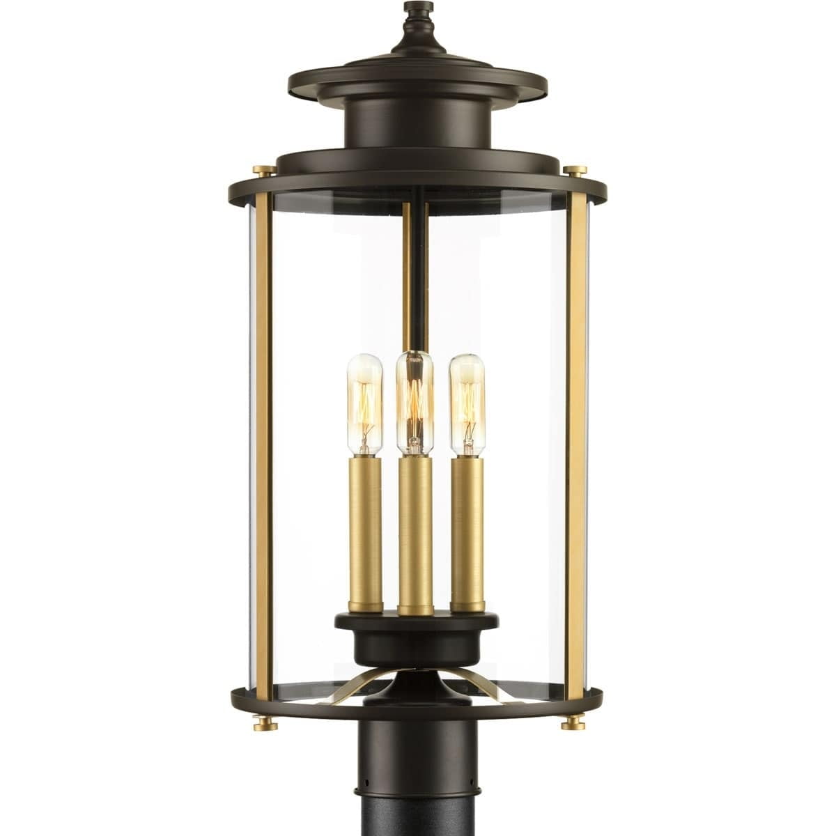 Antique Bronze 3-Light Outdoor Post Lantern with Clear Glass Shade
