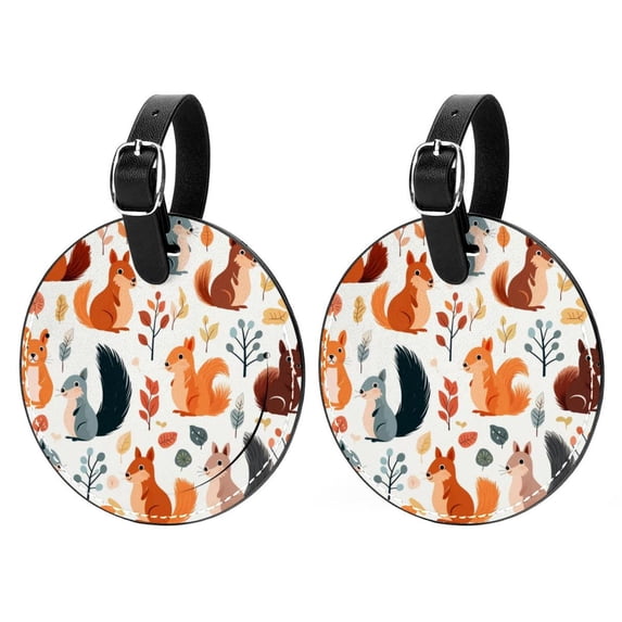Squirrel 2pcs PU Leather Round Bag Tags Suitcase Handbag Tags with Privacy Cover and Name ID Tag for Travel Luggage, Handbags, Backpacks, School Bags