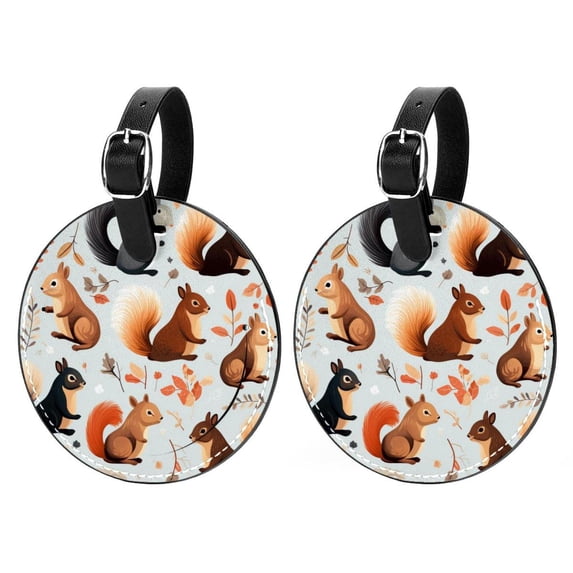 Squirrel 2pcs PU Leather Round Bag Tags Suitcase Handbag Tags with Privacy Cover and Name ID Tag for Travel Luggage, Handbags, Backpacks, School Bags
