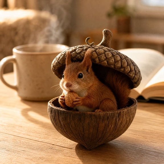 Squirrel Acorn Animal Ornament, Woodland Squirrel Figurine in Acorn Shell for Christmas Tree, Shelf, Tabletop and Nature-Inspired Home Decor, 3.54 Inch
