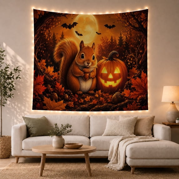 Squirrel with Acorn and Jack O Lantern Under Full Moon, Cozy Rustic Style for Animal Lovers, Woodland Wall Art Halloween Gift, Tapestry Wall Hanging for Bedroom and Dorm