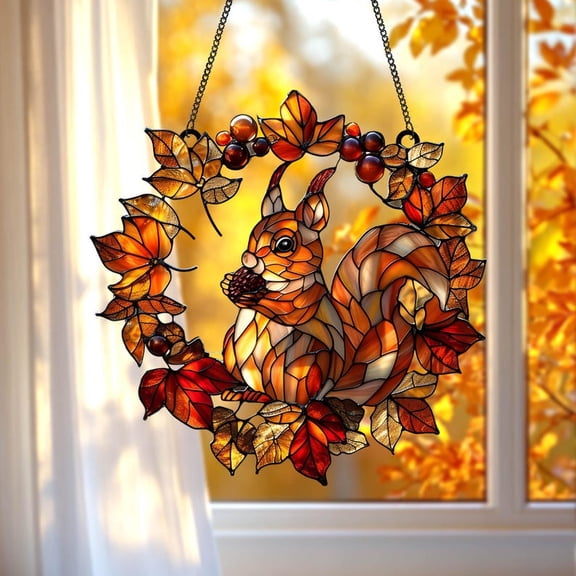Squirrel Acorn Wreath Acrylic Faux Stained Glass Suncatcher, Vibrant Autumn Window Hanging Harvest Decor, Thanksgiving Gift for Mom or Her