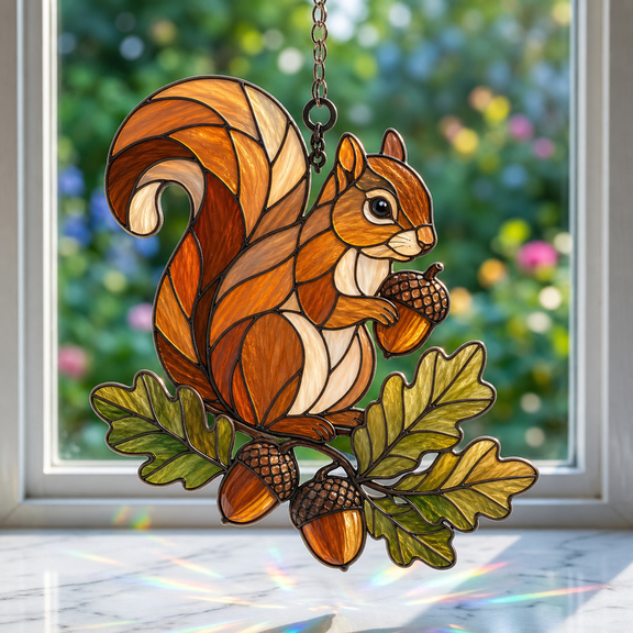 Squirrel Acrylic Suncatcher Window Hanging Stained Glass Style Gift for Nature Lovers