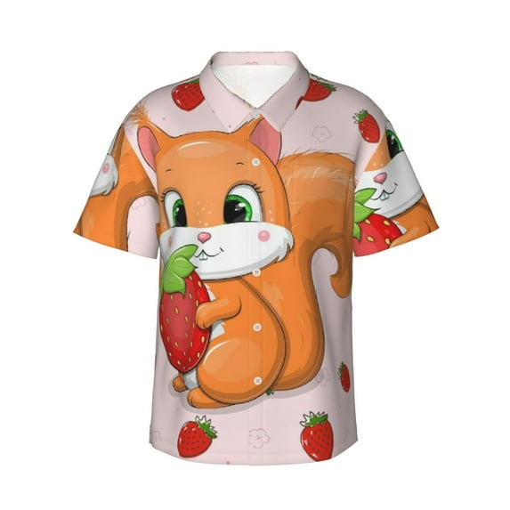 Squirrel And Strawberry Men'S 3d Print Casual Button Down Shirts, Novelty Hawaiian Short Sleeves M