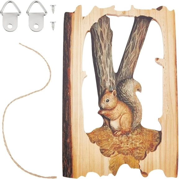 Squirrel Animal Wooden Carved Crafts Wall Hanging Sign Art Plaque Wood Ornament Figure Statue Rustic Farmhouse Farm Yard Home Decor Gifts for Christmas Birthday Family 7.59 x 5.03in
