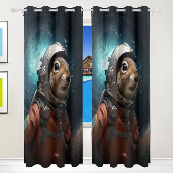Squirrel Astronaut Space Black Out Curtains 84 Inch Length for Bedroom Living Room Windows 2 Panels Set
