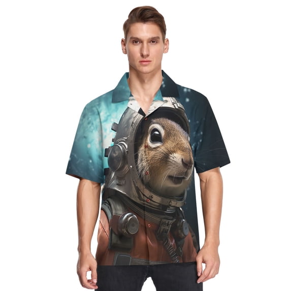 Squirrel Astronaut Space Men's Hawaiian Wrinkle Free Button Down Short Sleeve Shirt Casual Shirts Beach Shirts