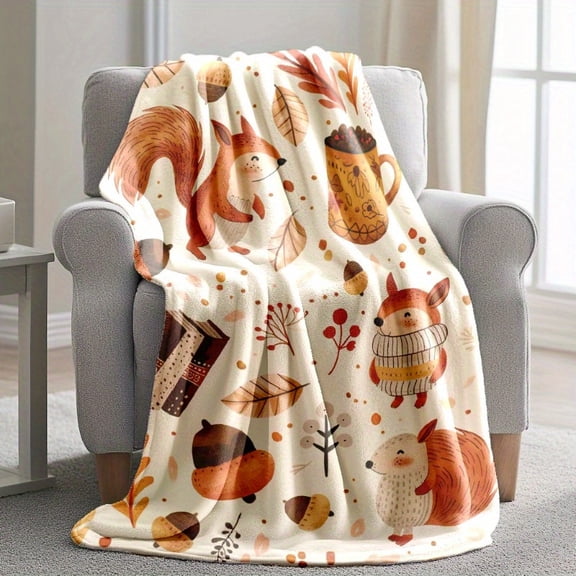 Squirrel Autumn Leaves Flannel Throw Blanket, Soft Warm Cozy Bed Sheet for Home Office Nap, Camping Travel Decor, Thanksgiving Halloween Christmas Gift