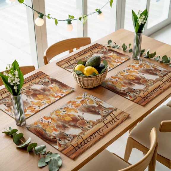 Squirrel Autumn Tree Deciduous Farm Animal Placemats Set of 4,Wipeable Washable Table Mats for Dining Tables, Vintage Wood Board Place Mats for Kitchen Event Party Tabletop Decor