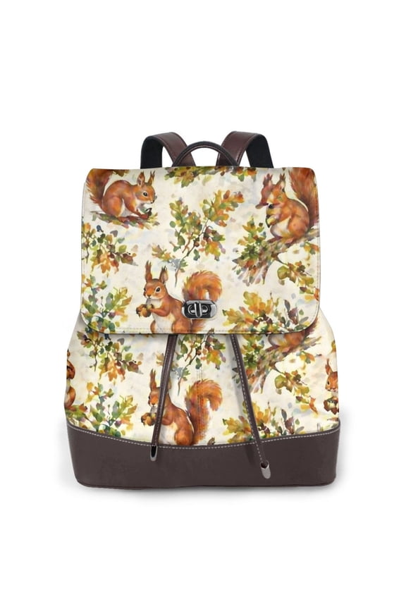 Squirrel Autumn Women's Leather Backpack All-Over Print Bag for Work and Travel