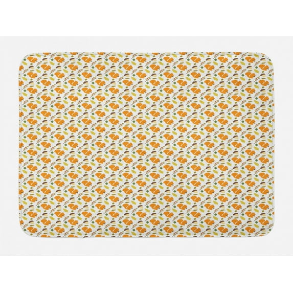 Squirrel Bath Mat, Woodland Pattern with Green Leaves Berries Acorns and Squirrels Theme, Plush Bathroom Decor Mat with Non Slip Backing, 29.5" X 17.5", Multicolor, by Ambesonne