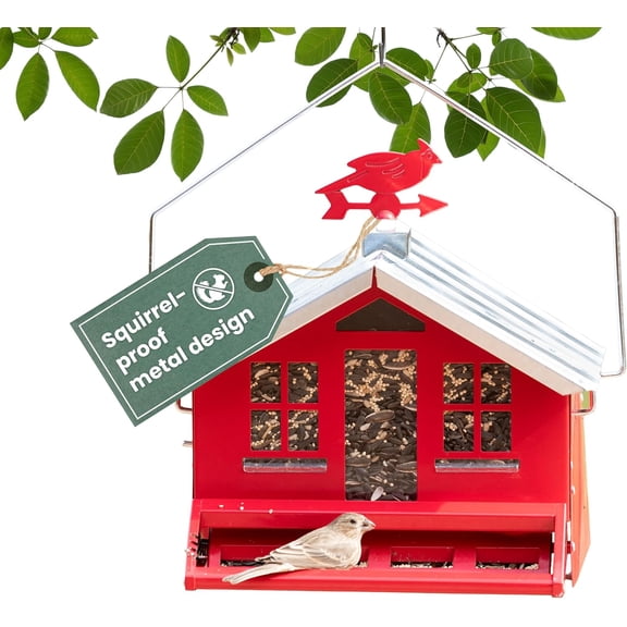 Squirrel-Be-Gone II Country House Bird Feeder with Weathervane - 8 lb Seed Capacity - Squirrel Proof Wild Bird Feeder for Outdoors - Durable Construction - Rustic Outdoor Decor - 338, Red