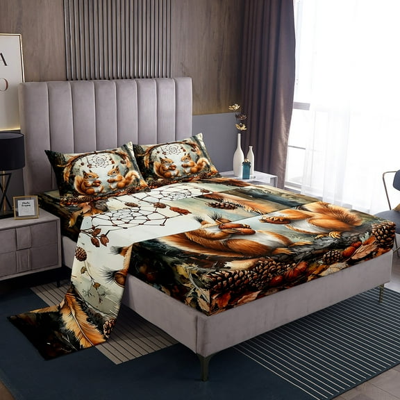 Squirrel Bed Sheets Set Dream Catchers Sheet Set Twin,Autumn Harvest Fruit Sheets Woodland Animals Bedding Set,Exotic Bohemian Decor