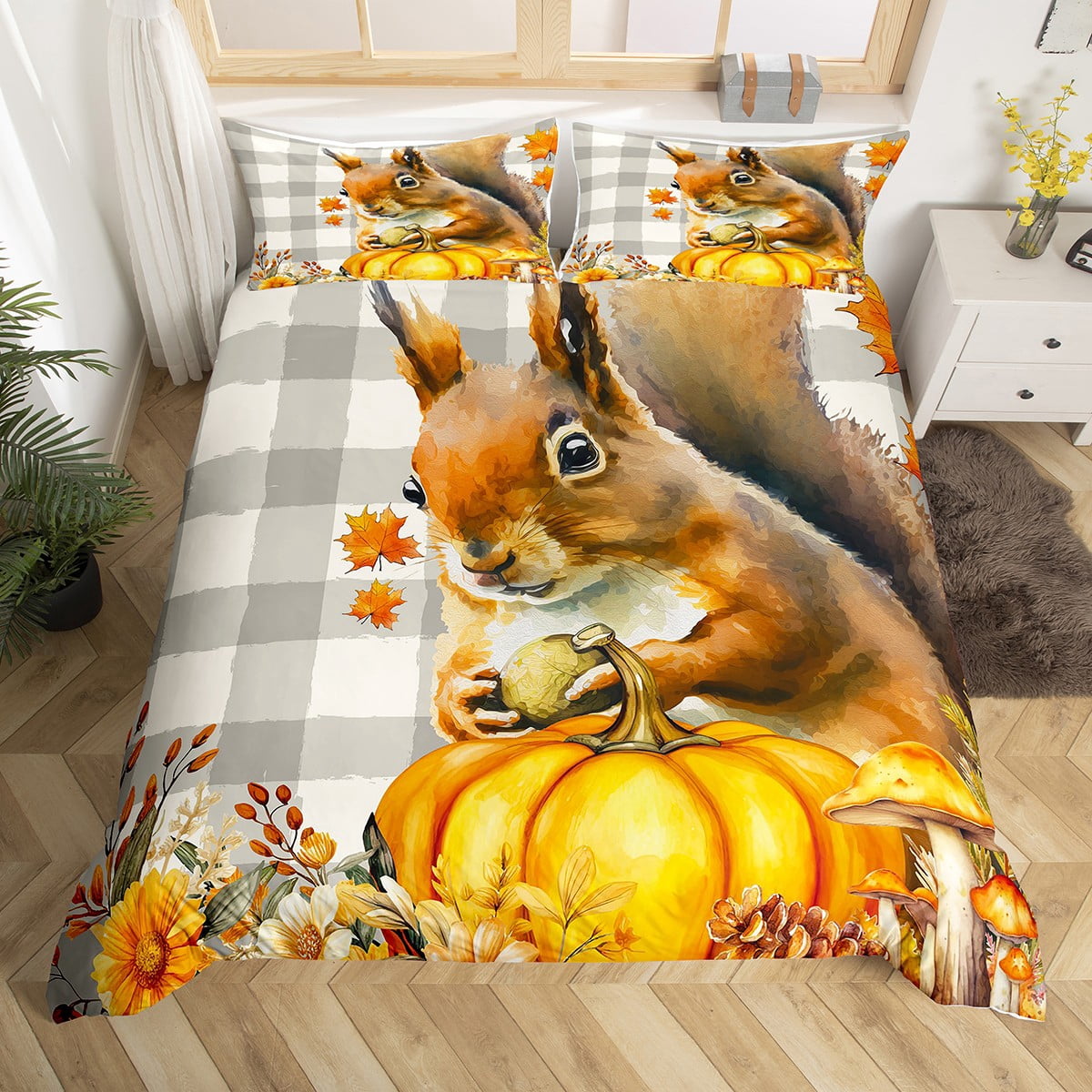 Squirrel Bedding Set Twin for Boys Girls Autumn Decor Duvet Cover