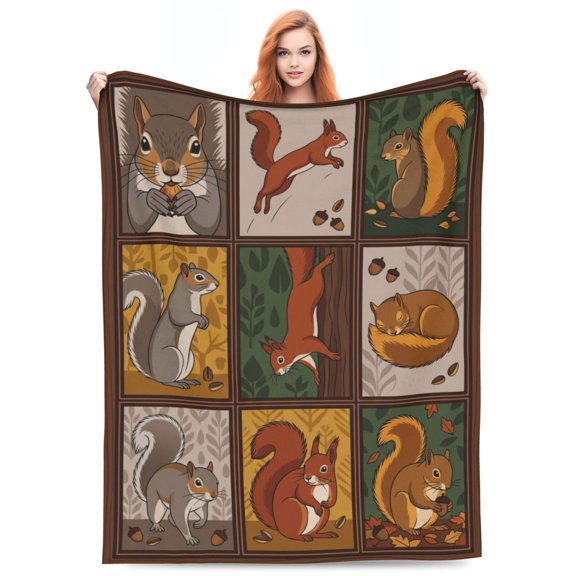 Squirrel Blanket, Adorable Animal Throw, Soft Cozy Warm Flannel Blanket for Couch, Plush Home Decor 50x40