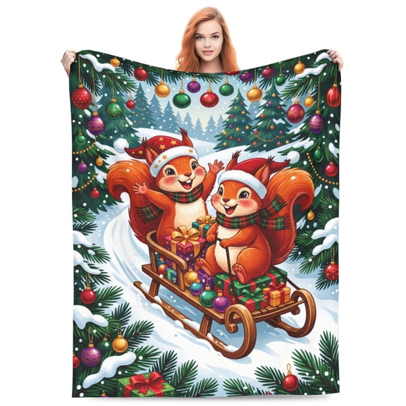 Squirrel Blanket, Cute Christmas Animal Throw, Soft Cozy Warm Flannel Blanket for Sofa, Holiday Home Decor 50x40